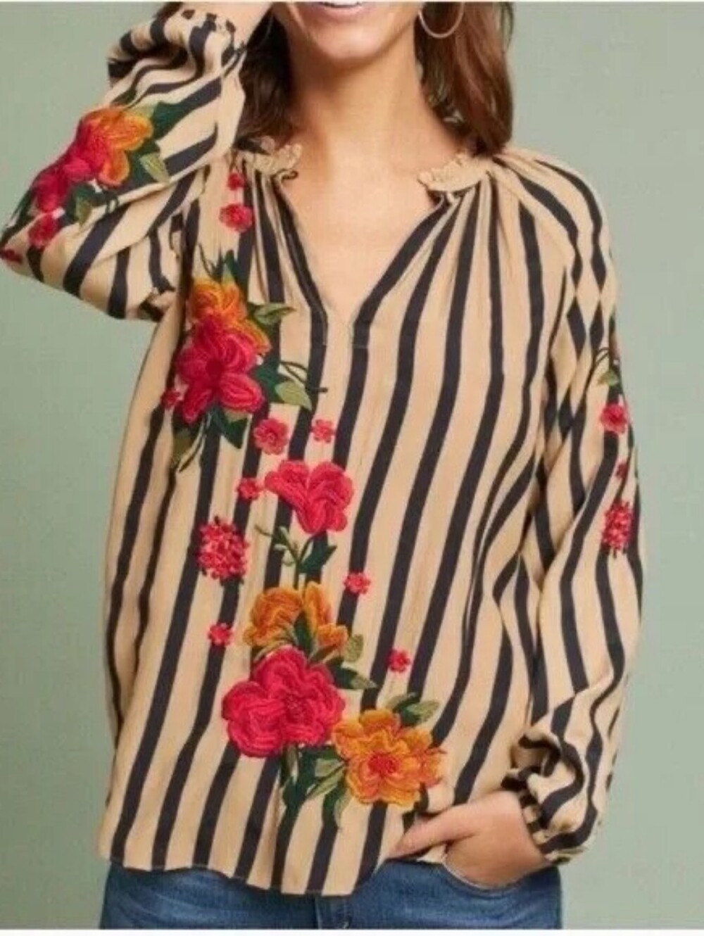 Anthropologie Akemi + Kin Manuela Embroidered Floral Stripe Boho Blouse Sz M